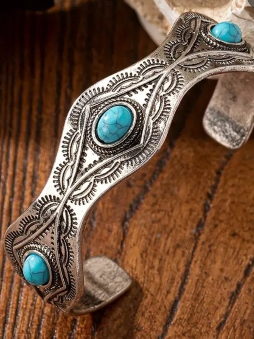 NWOT Turquoise Stone Silver-Tone Western Cuff Bracelet - Women Jewelry.